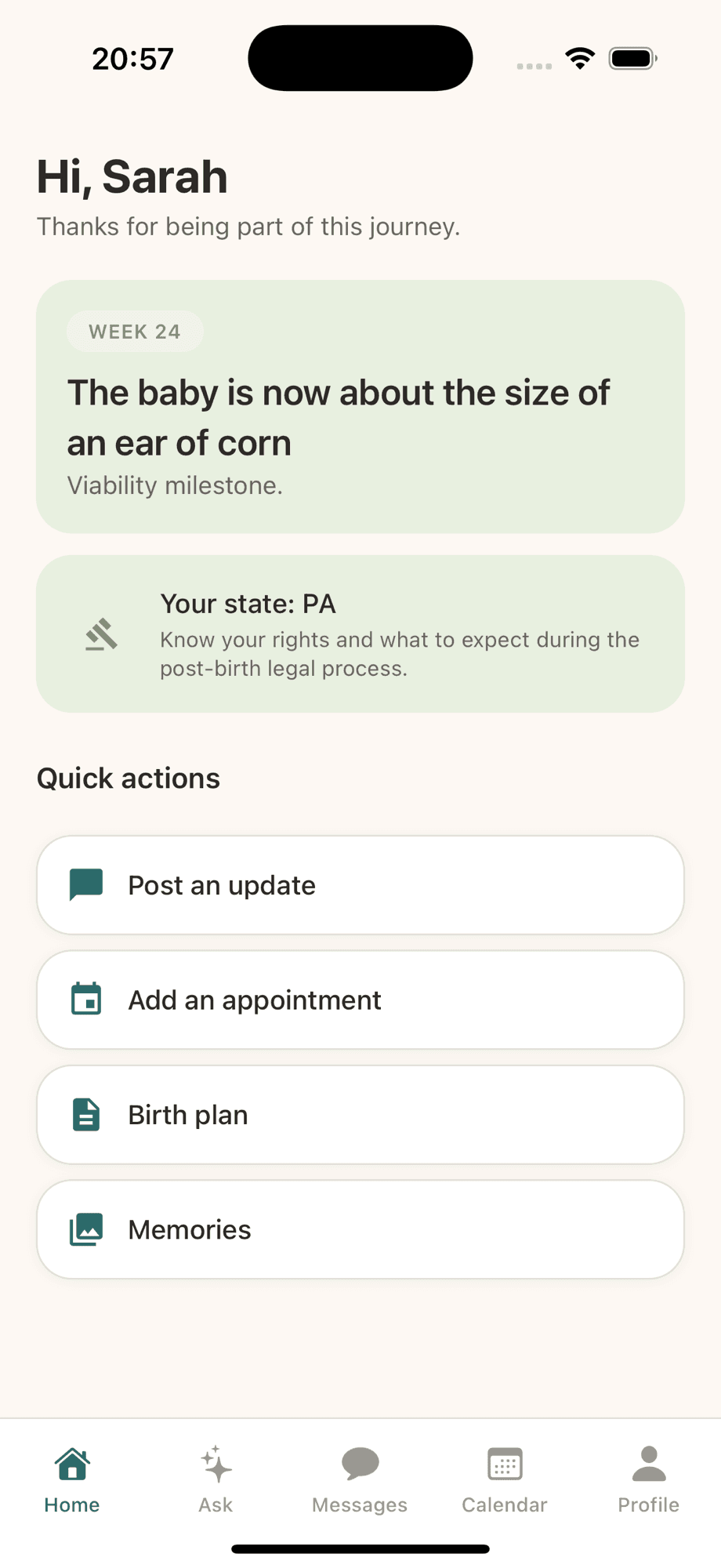 Gest app surrogate home screen showing weekly baby updates, state-specific legal info, and quick actions for posting updates and managing her birth plan